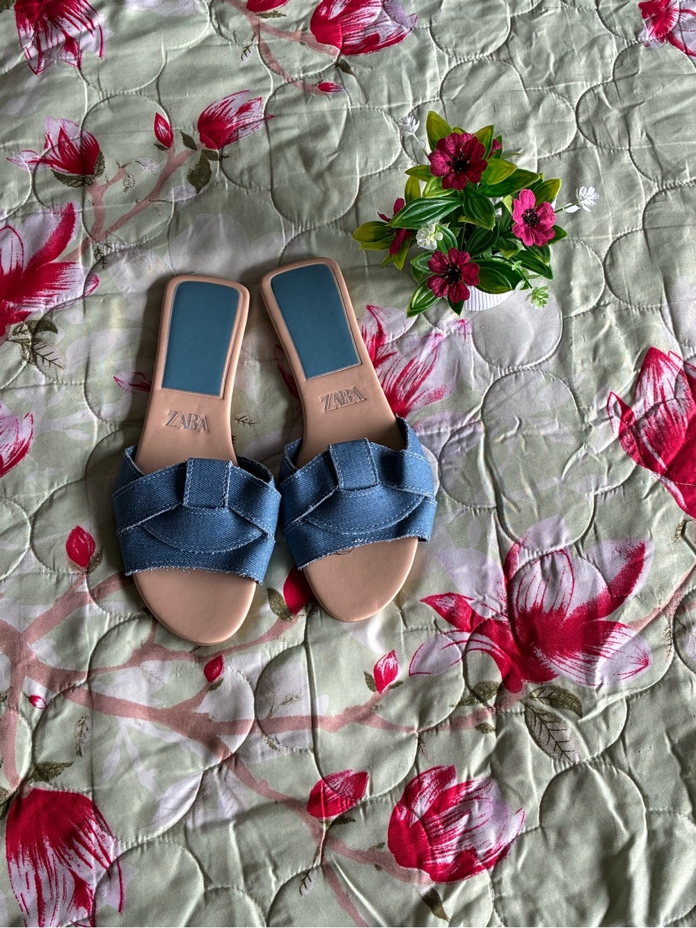 ZARA Blue Denim Knot Slide Sandals